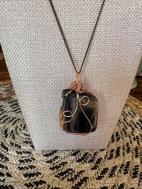 Handcrafted Black Stone Pendant Necklace with Copper Wire Wrap